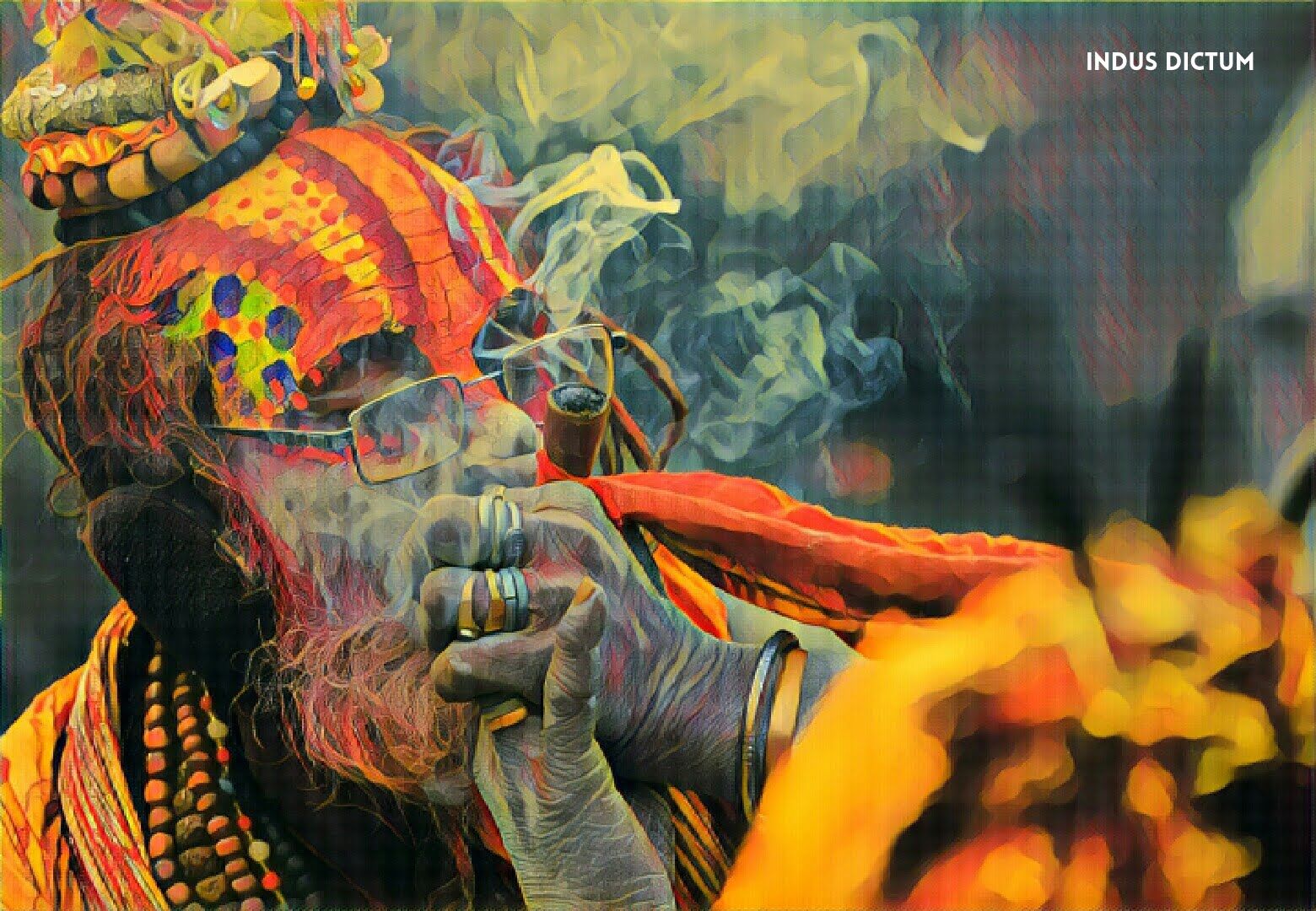 Sadhu smoking cannabis (marijuana) out of a chillum during Kumbh Mela