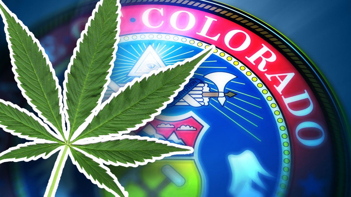 Cannabis (Marijuana) leaf over Seal of Colorado State
